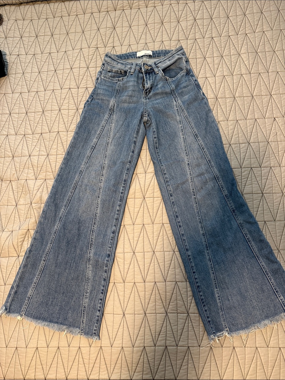 Panel-Seamed High-Rise Wide Leg Jeans - Light Blue